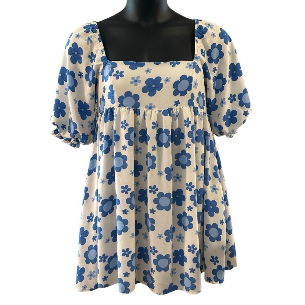Sweet Lemon Women's Blue White Floral Short Puff Sleeve Babydoll Dress Large